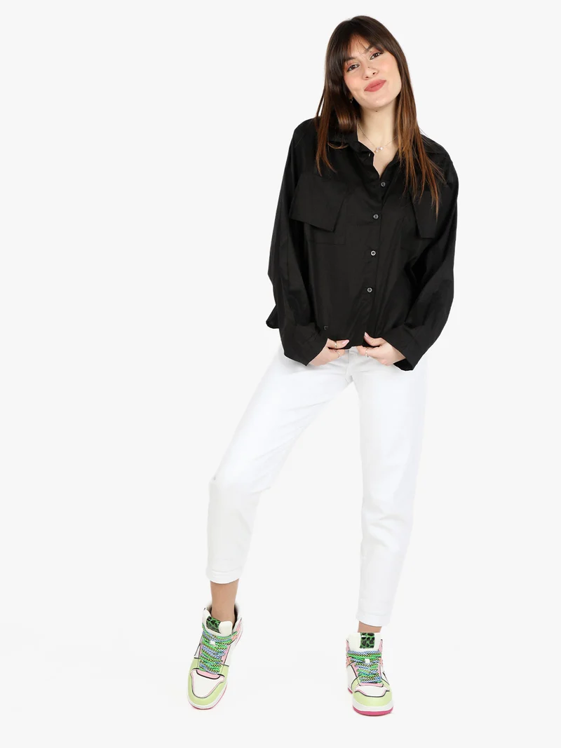 Camicia donna oversize in cotone con tasche - nero
