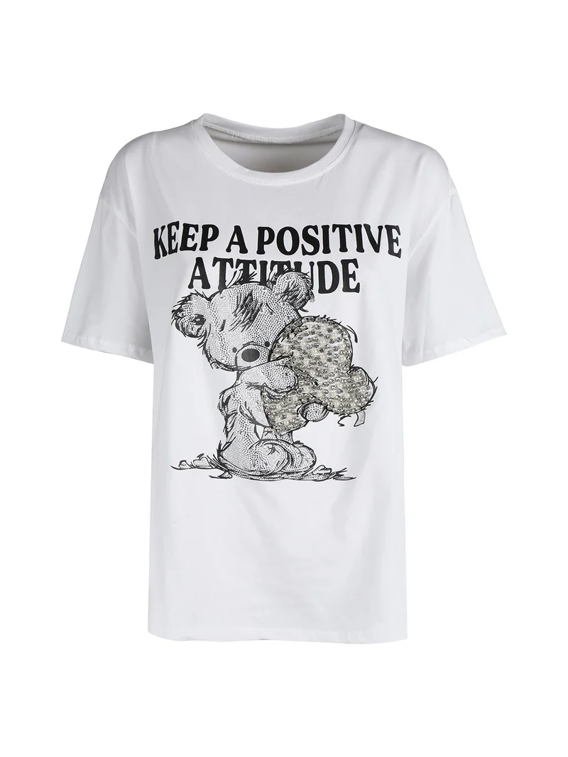 T-shirt donna con pietre e strass - bianco