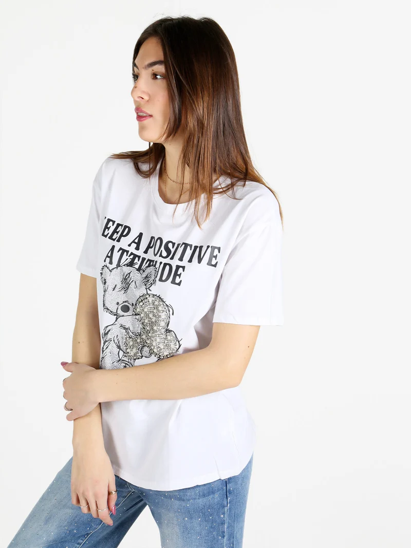 T-shirt donna con pietre e strass - bianco