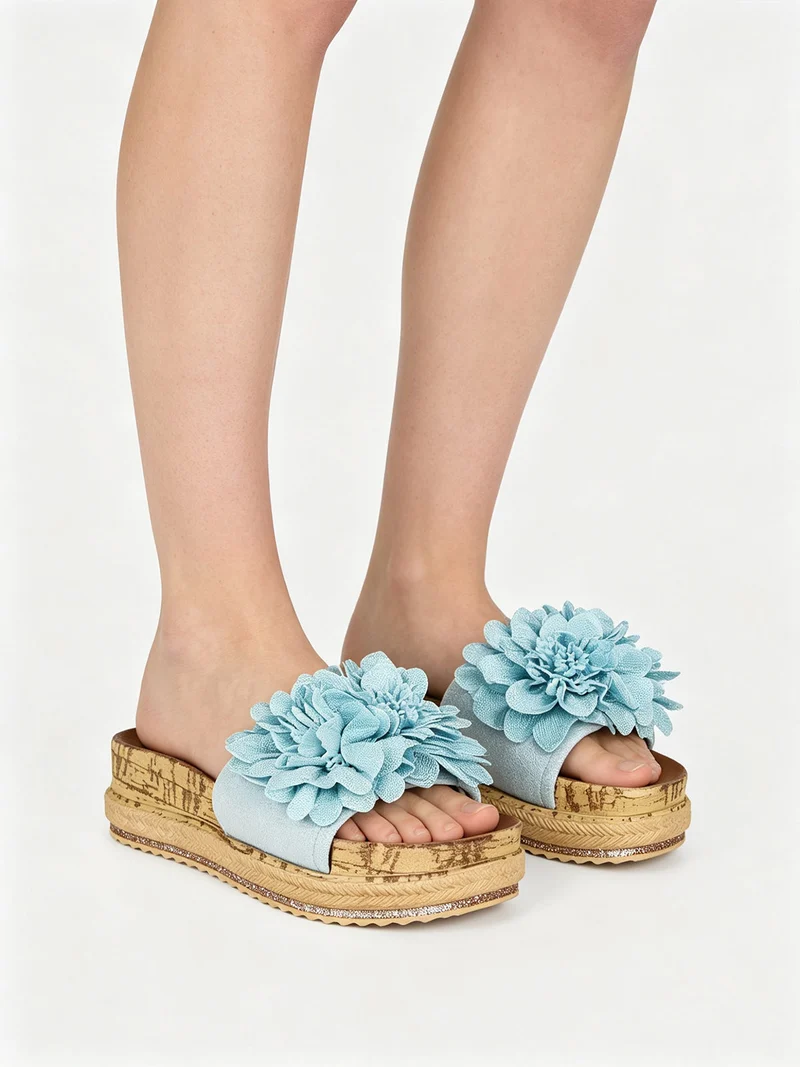 Ciabatte donna con fiore e platform - blu