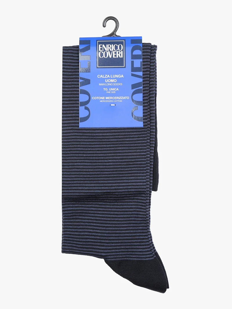 Calze lunghe da uomo in cotone mercerizzato a righe sottili - blu scuro