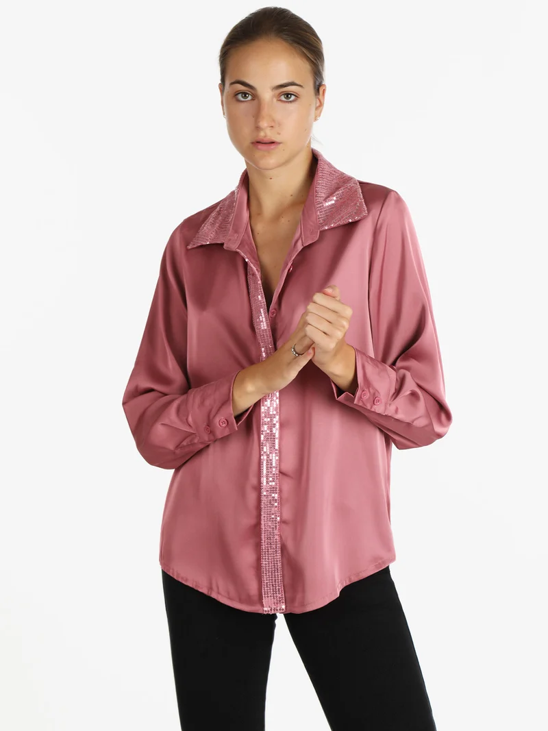 Camicia donna in raso con paillettes - rosa