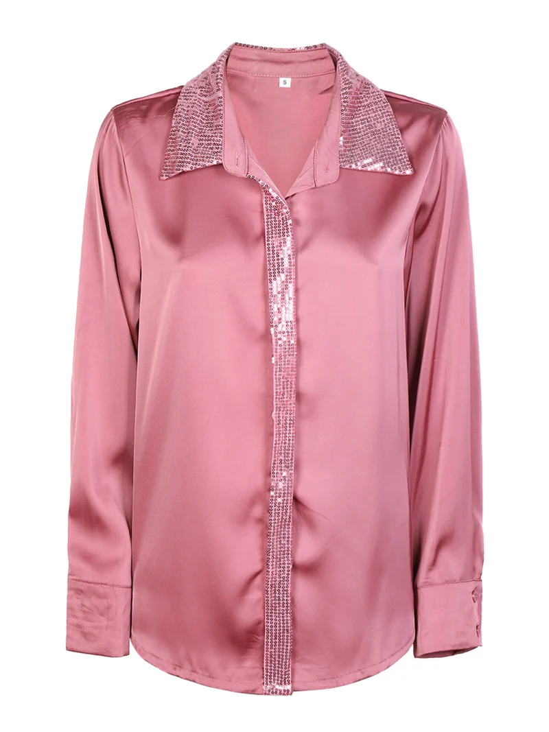 Camicia donna in raso con paillettes - rosa
