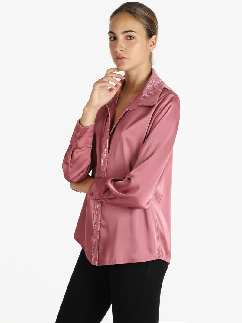 Camicia donna in raso con paillettes - rosa