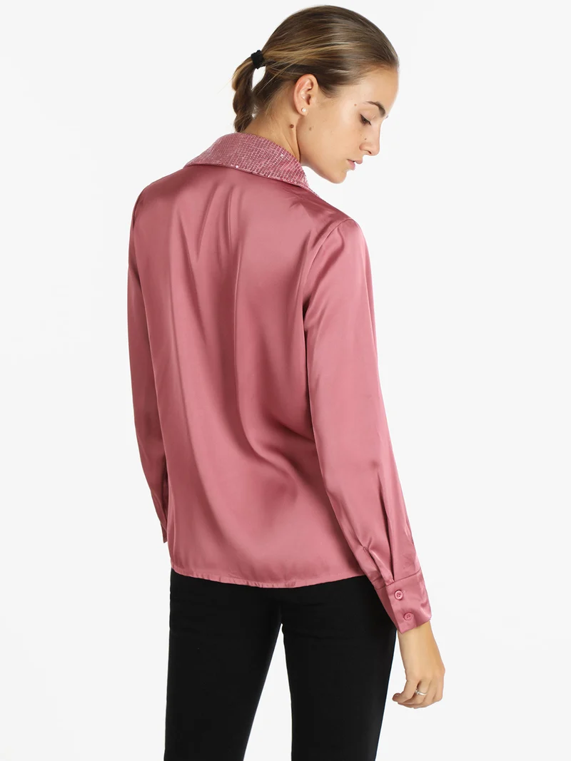 Camicia donna in raso con paillettes - rosa