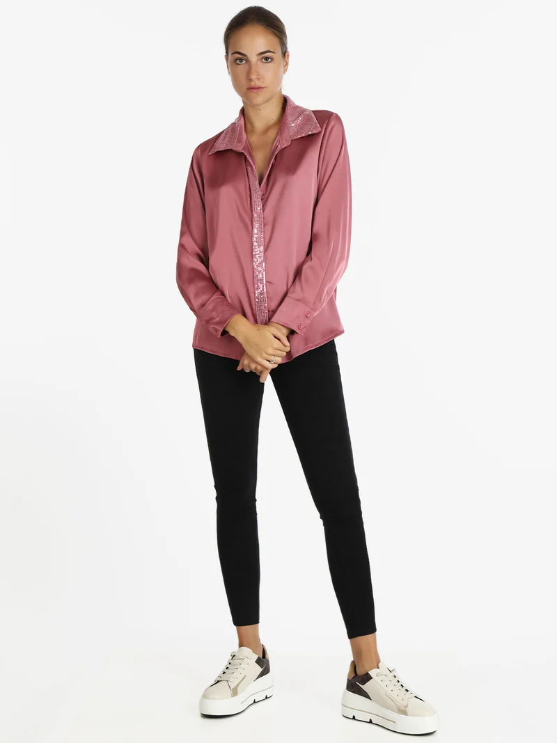 Camicia donna in raso con paillettes - rosa