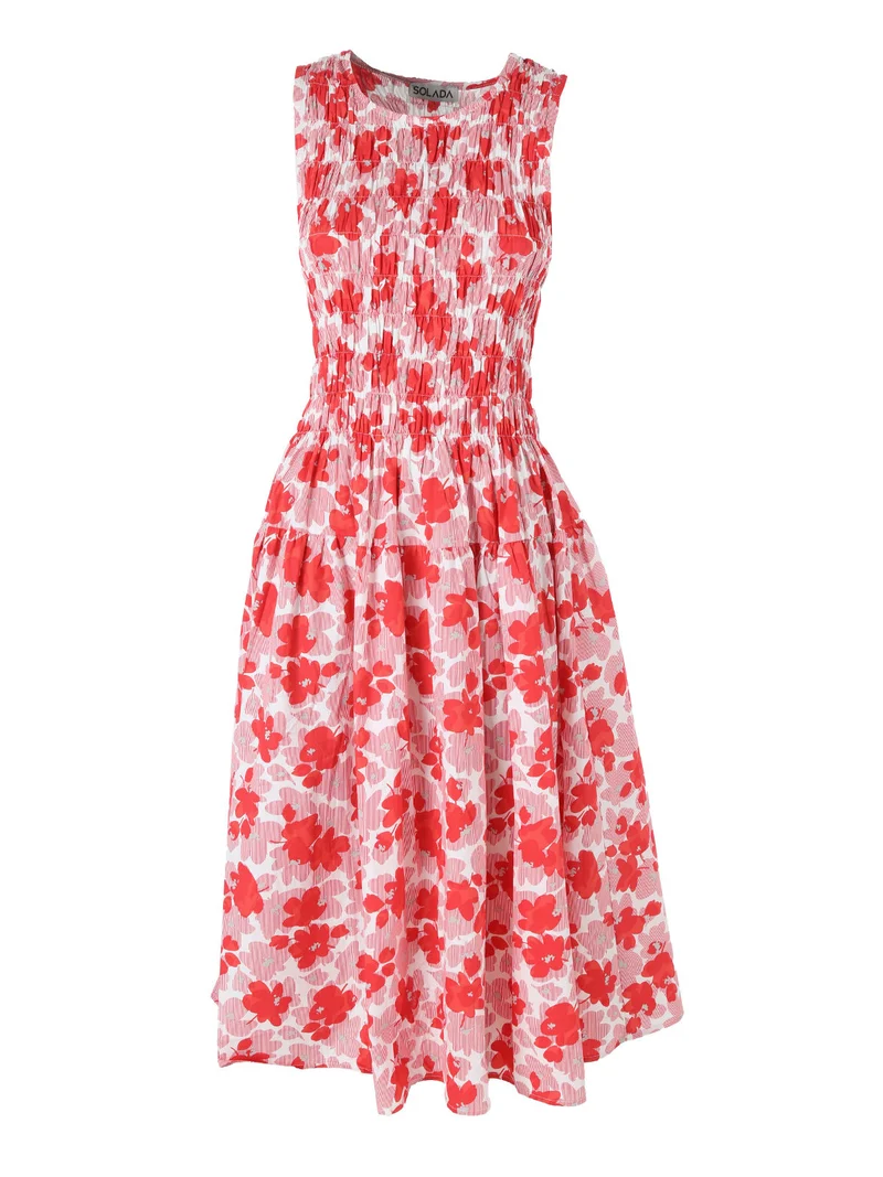 Abito donna smanicato in cotone con stampe - rosso