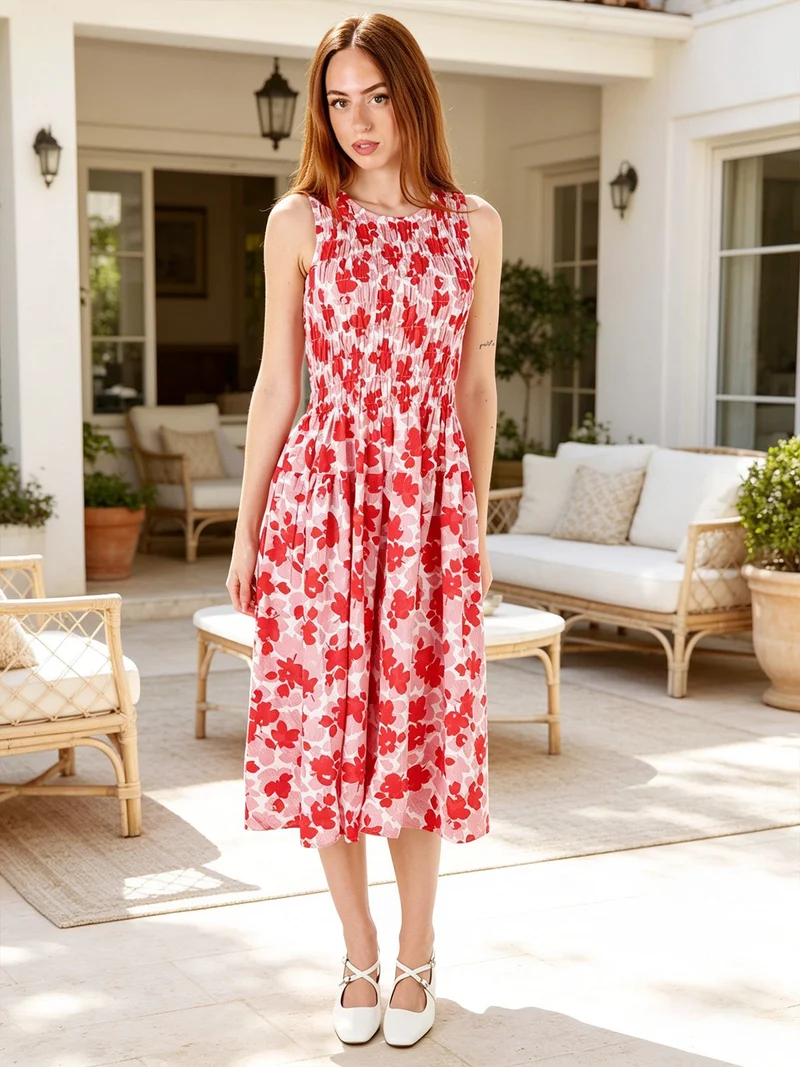 Abito donna smanicato in cotone con stampe - rosso