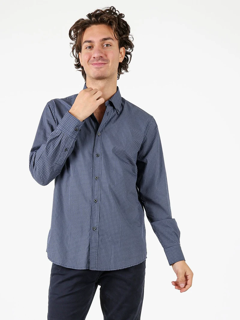 Camicia da uomo in cotone a maniche lunghe con stampe - blu