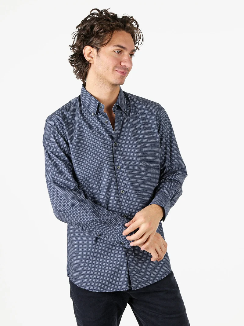 Camicia da uomo in cotone a maniche lunghe con stampe - blu