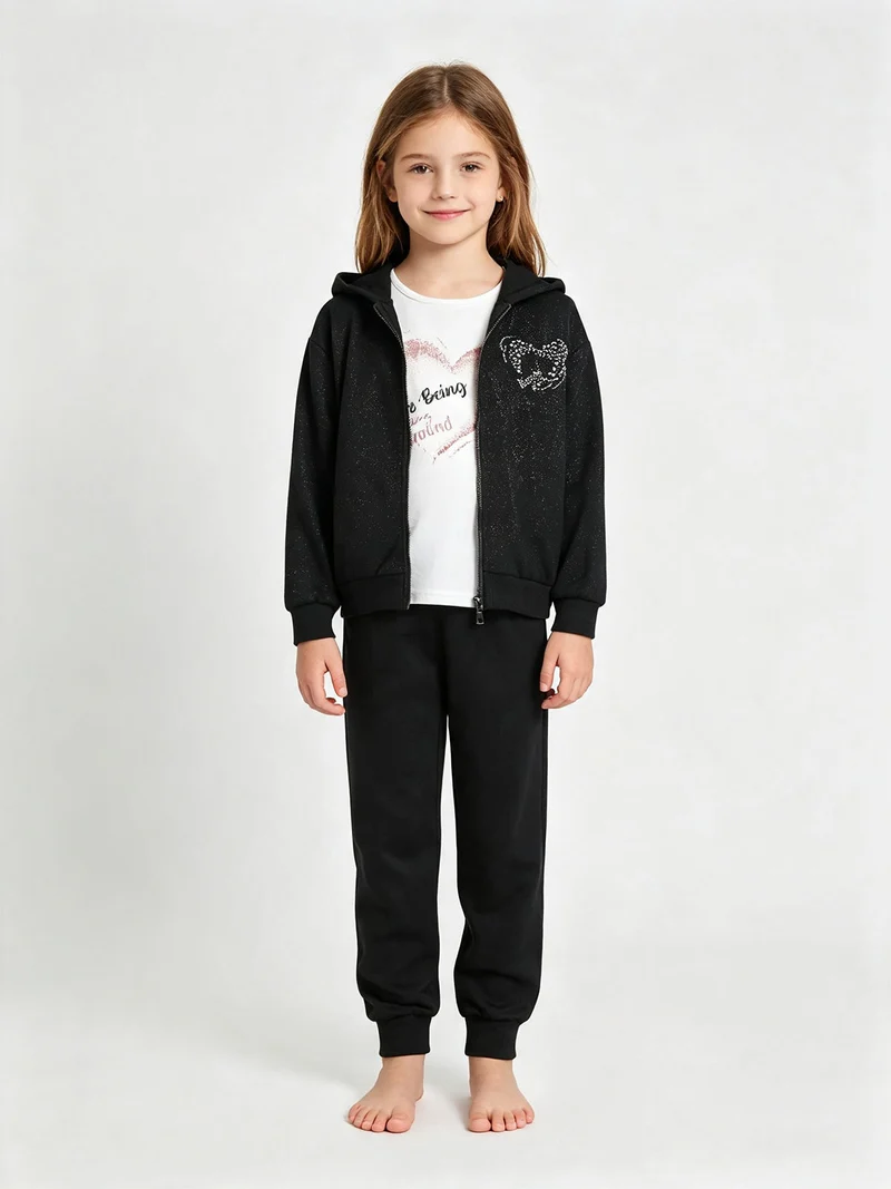 Completo tuta 3 pezzi da bambina con felpa brillantinata e strass - nero