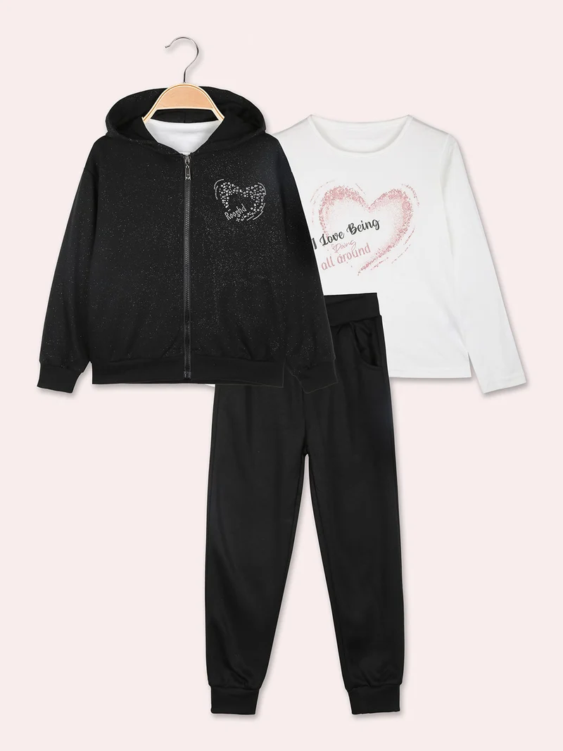 Completo tuta 3 pezzi da bambina con felpa brillantinata e strass - nero