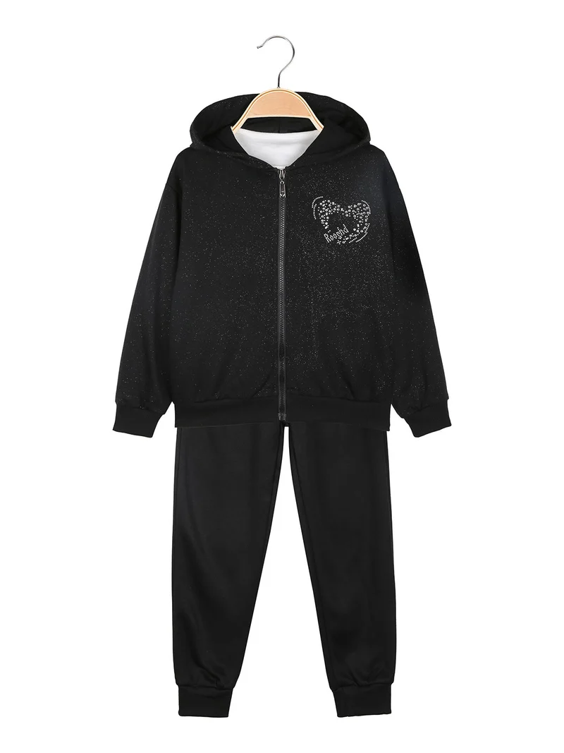 Completo tuta 3 pezzi da bambina con felpa brillantinata e strass - nero