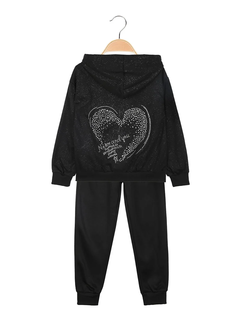 Completo tuta 3 pezzi da bambina con felpa brillantinata e strass - nero