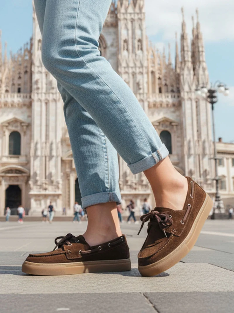 Mocassini donna in pelle scamosciata con lacci - marrone