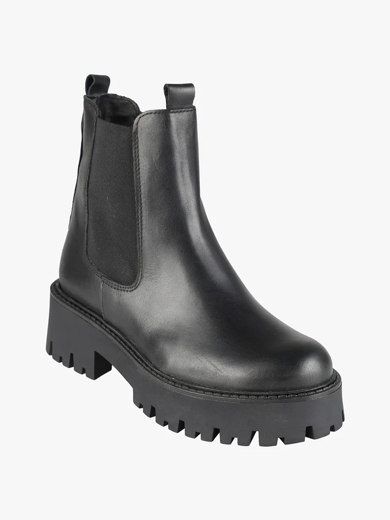Stivaletti donna in pelle con tacco largo e plateau - nero