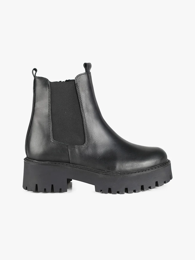 Stivaletti donna in pelle con tacco largo e plateau - nero
