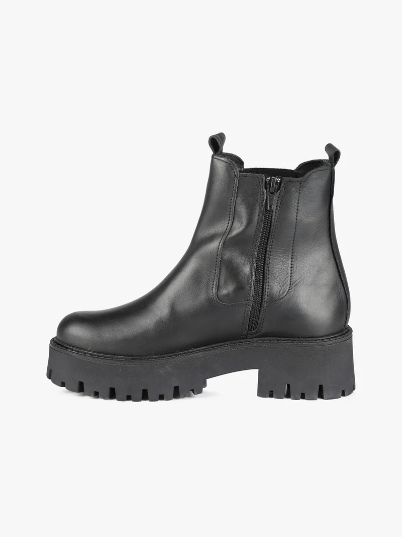 Stivaletti donna in pelle con tacco largo e plateau - nero