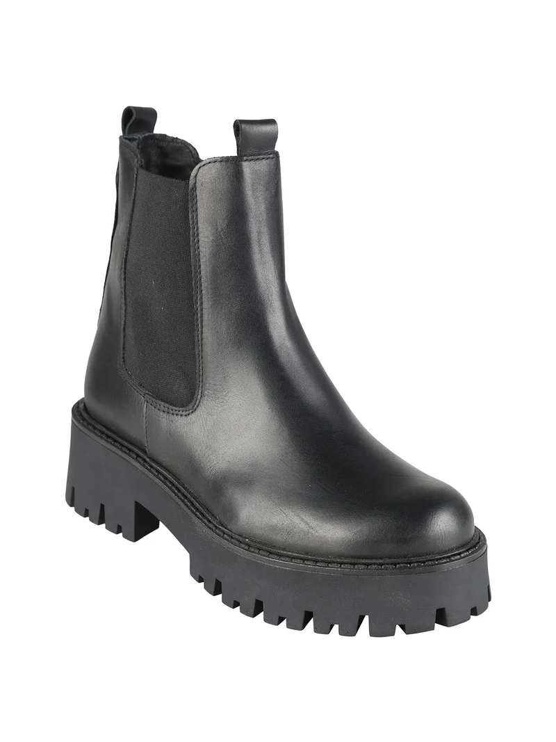 Stivaletti donna in pelle con tacco largo e plateau - nero
