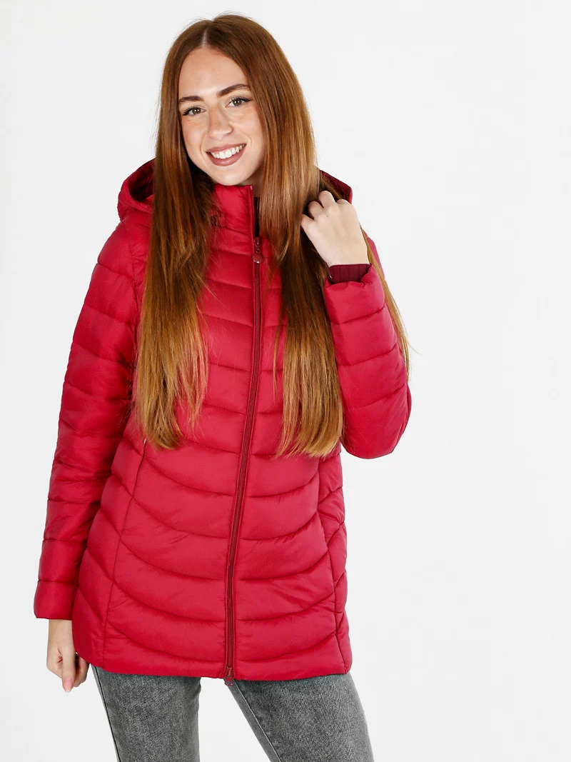Giubbotto lungo da donna con cappuccio e zip - rosso
