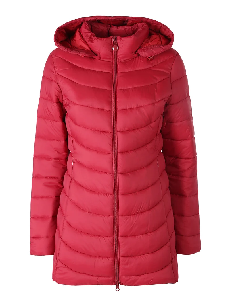 Giubbotto lungo da donna con cappuccio e zip - rosso