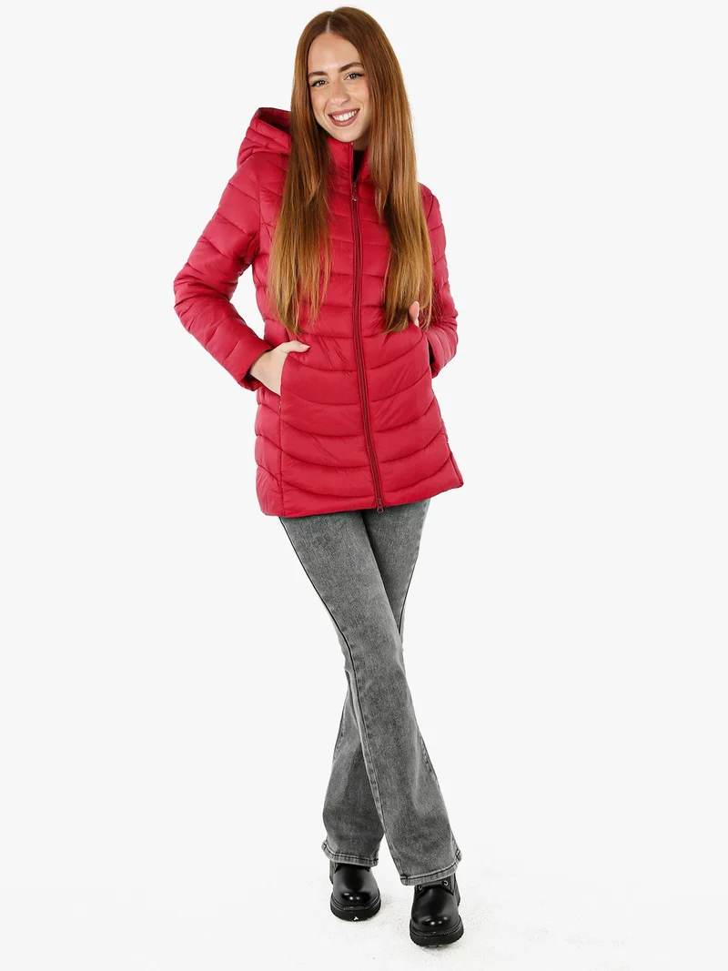 Giubbotto lungo da donna con cappuccio e zip - rosso