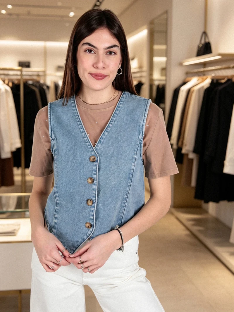 Gilet donna in jeans con bottoni - jeans