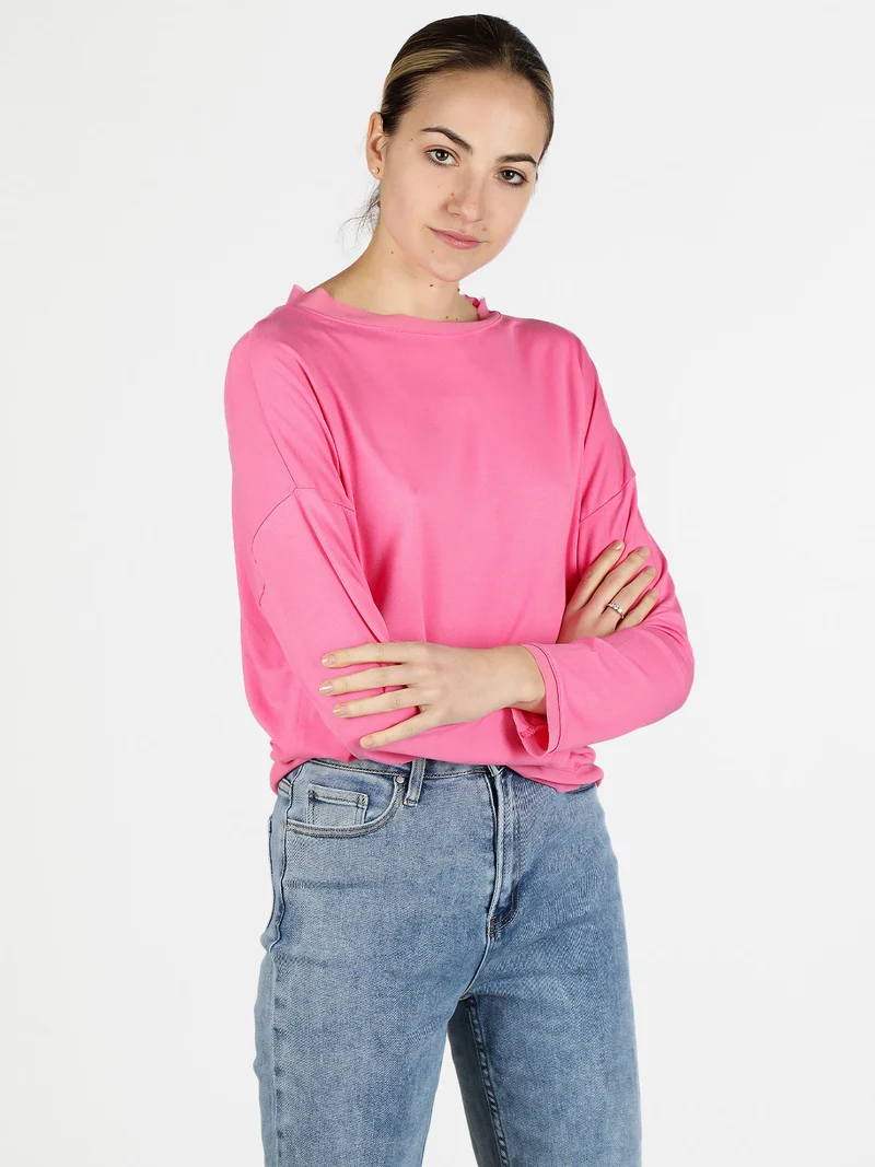 T-shirt donna a maniche lunghe con dettagli in voilè - fucsia