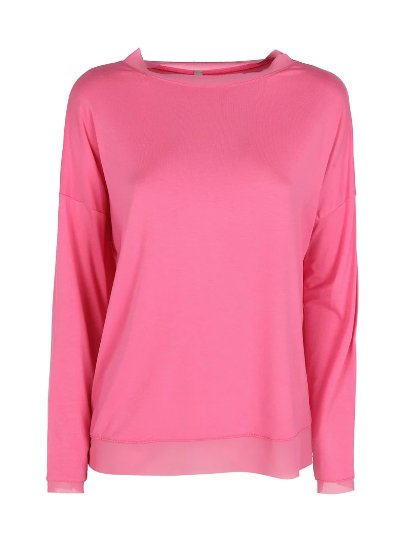 T-shirt donna a maniche lunghe con dettagli in voilè - fucsia