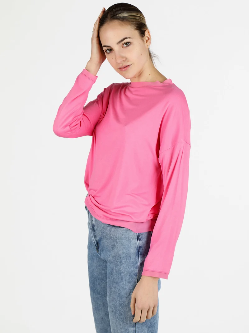 T-shirt donna a maniche lunghe con dettagli in voilè - fucsia