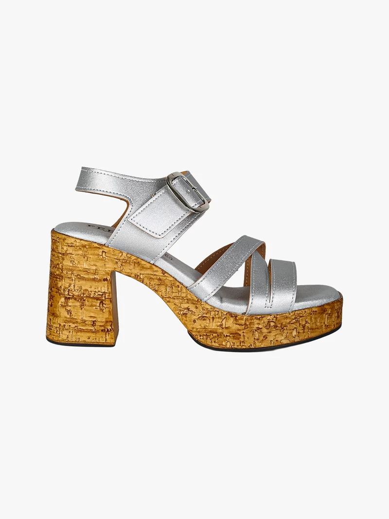 Sandali donna con fibbia tacco largo e plateau - argento