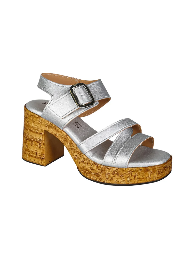 Sandali donna con fibbia tacco largo e plateau - argento