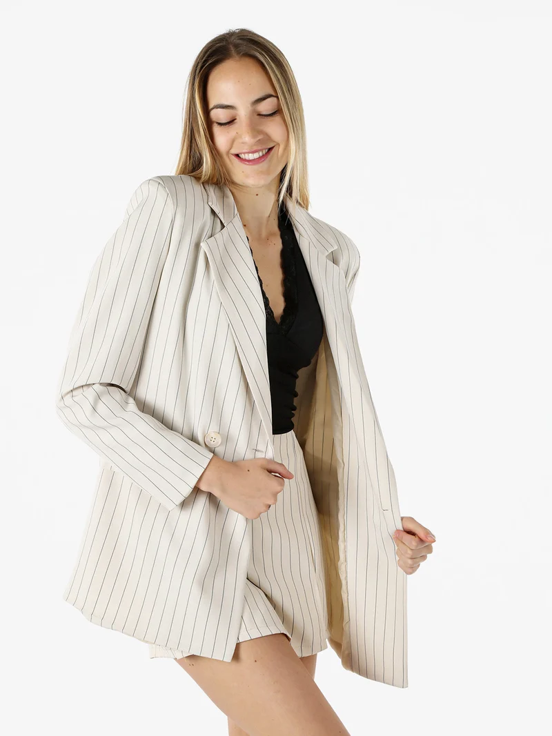 Blazer donna oversize gessato con chiusura a doppiopetto - beige