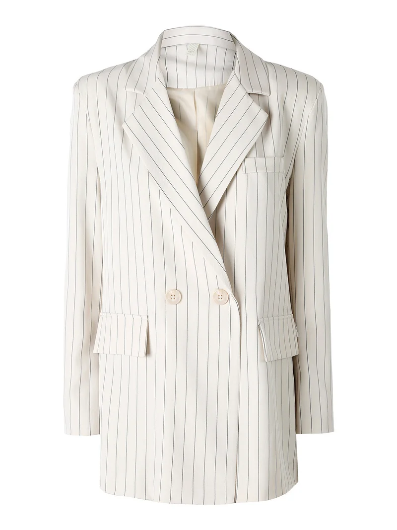 Blazer donna oversize gessato con chiusura a doppiopetto - beige