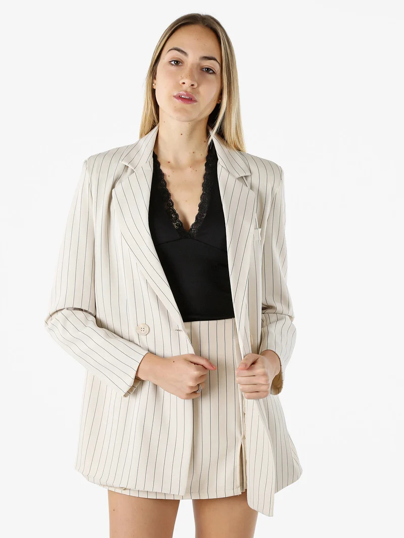 Blazer donna oversize gessato con chiusura a doppiopetto - beige