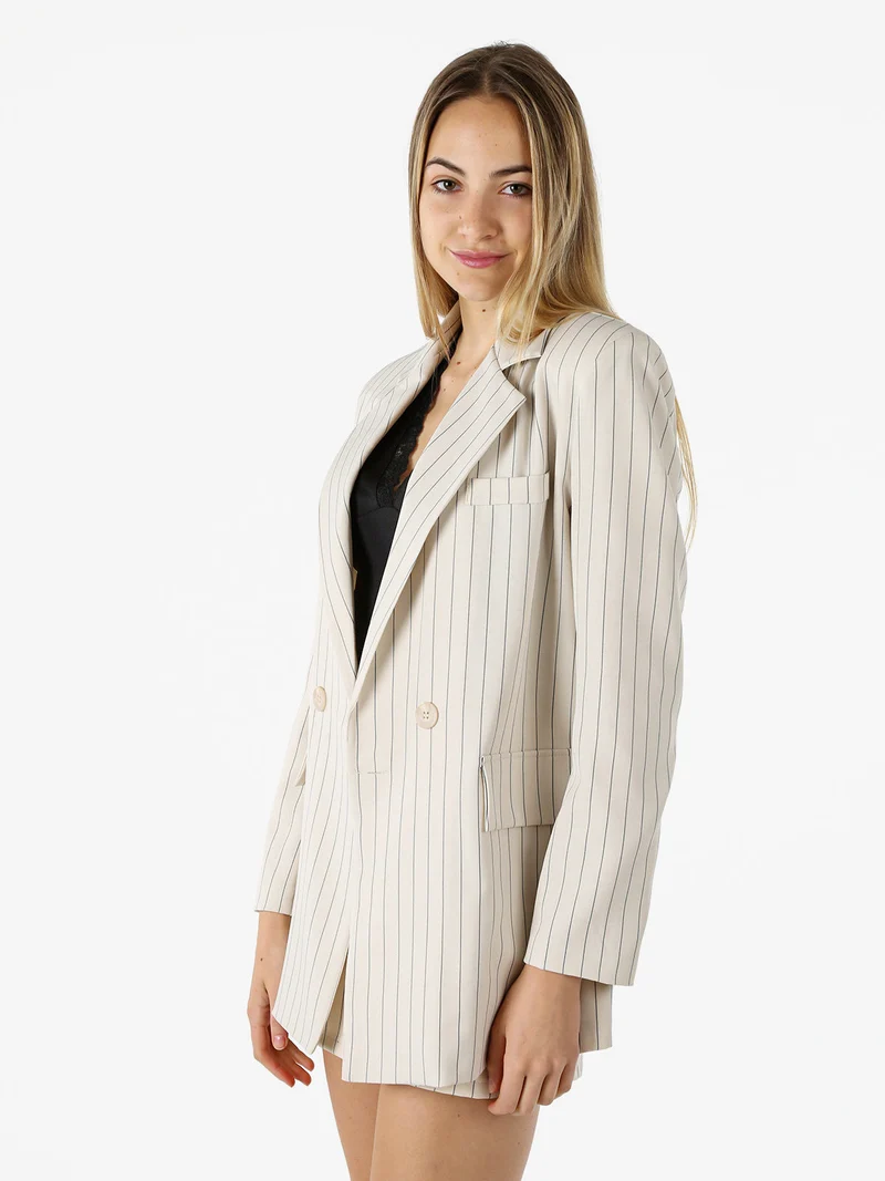 Blazer donna oversize gessato con chiusura a doppiopetto - beige