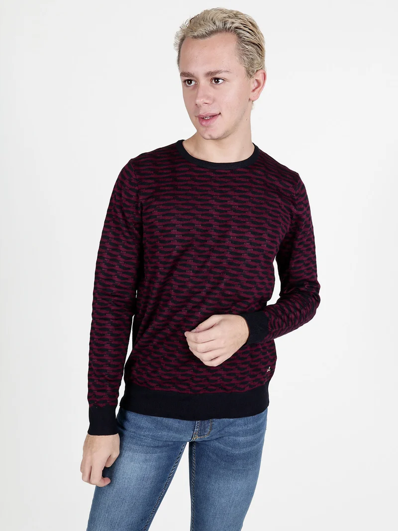 Pullover da uomo girocollo con stampa bicolore sul davanti - bordeaux