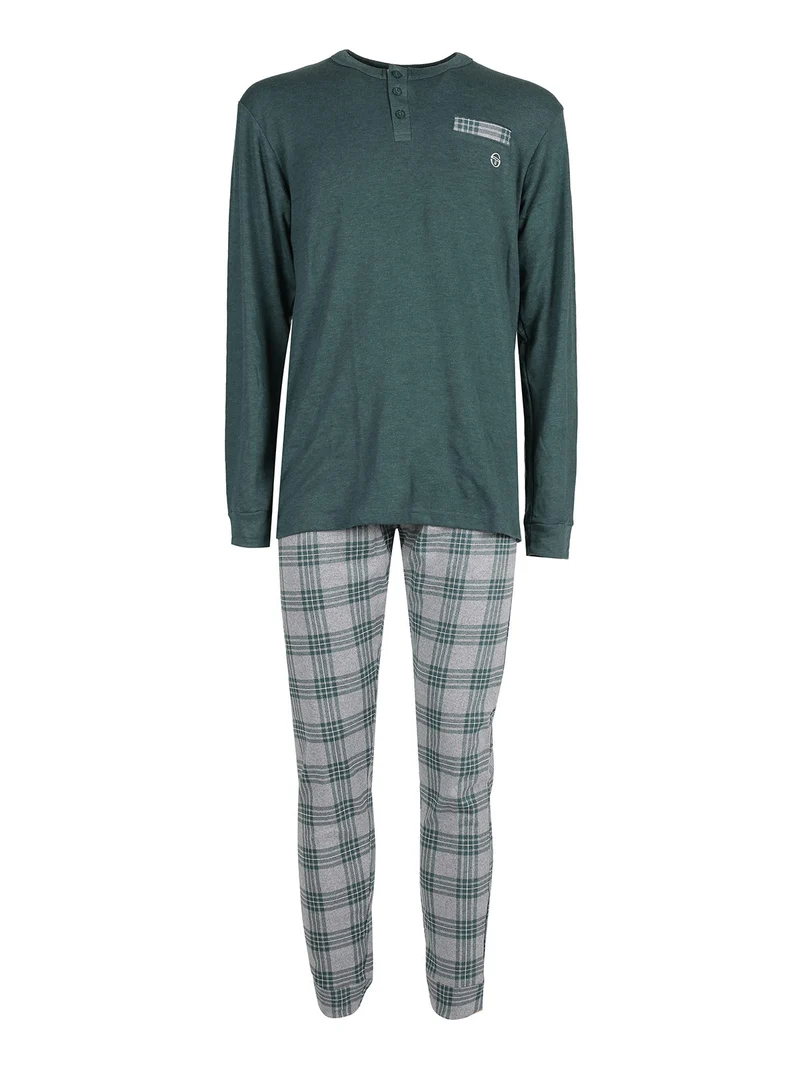 Pigiama lungo da uomo in cotone interlock con pantaloni a quadri - verde