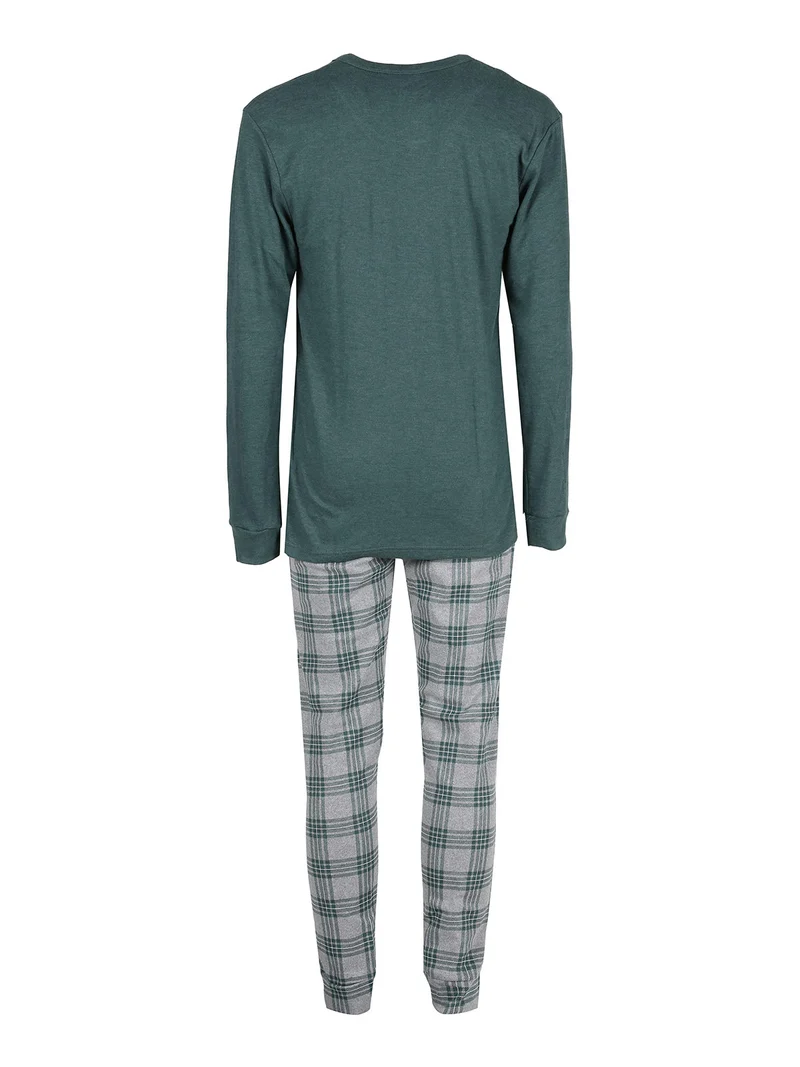 Pigiama lungo da uomo in cotone interlock con pantaloni a quadri - verde