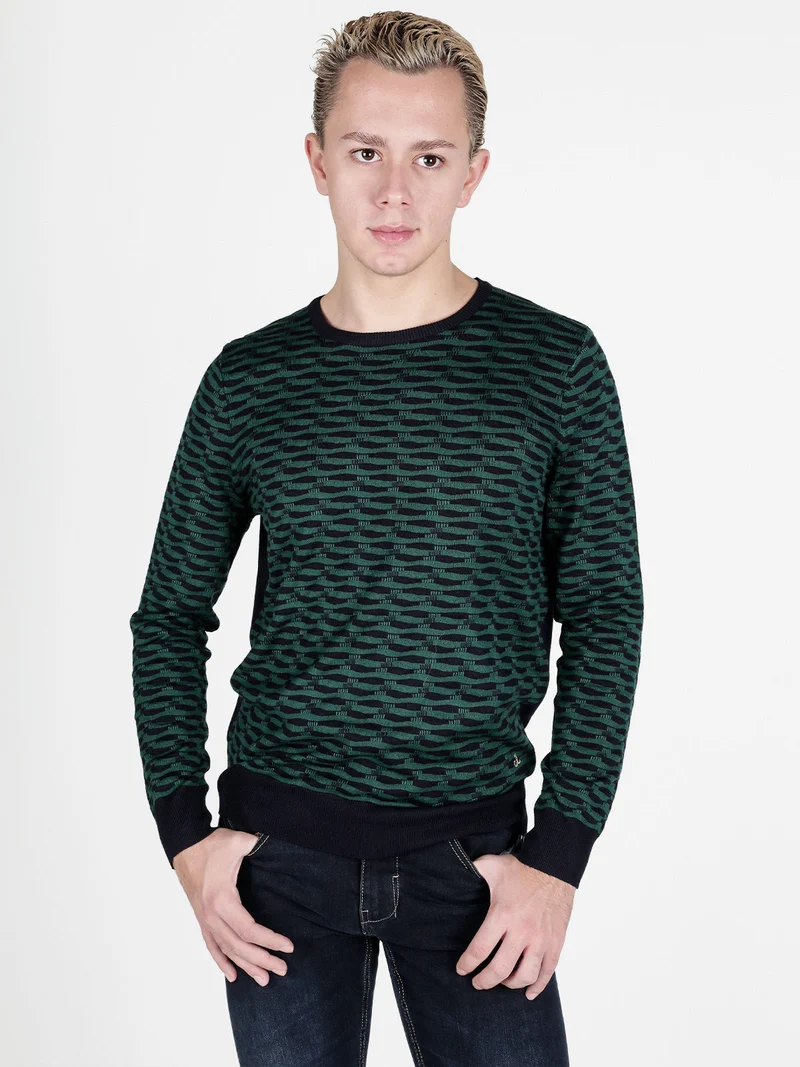 Pullover da uomo girocollo con stampa bicolore sul davanti - verde scuro