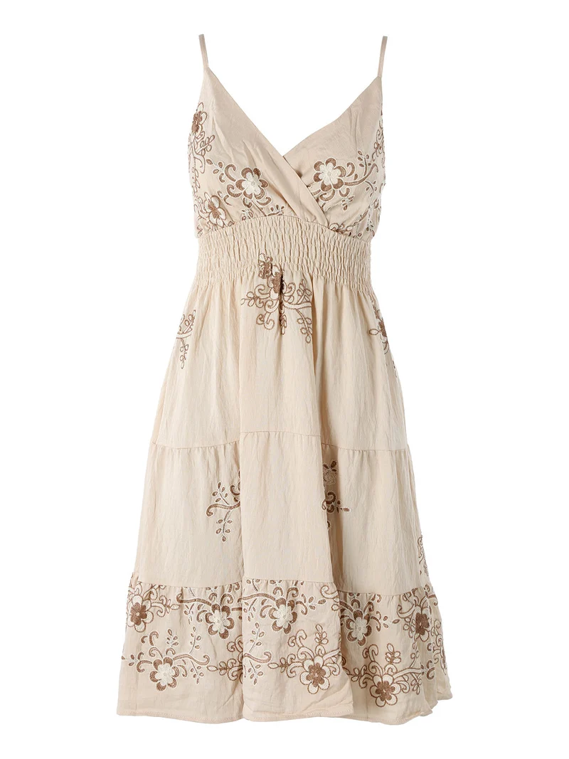 Vestito donna in viscosa con spalline strette e ricami floreali - beige