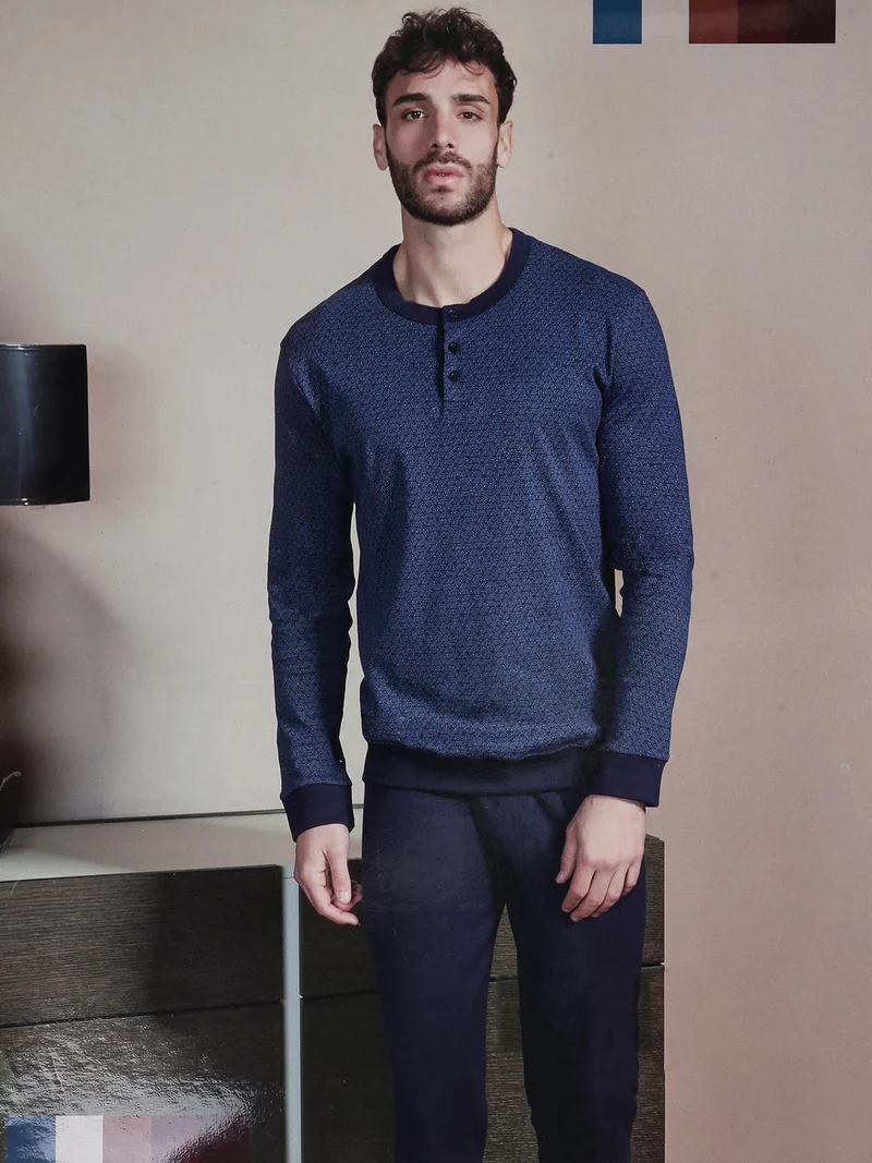 Pigiama da uomo lungo in cotone interlock - blu