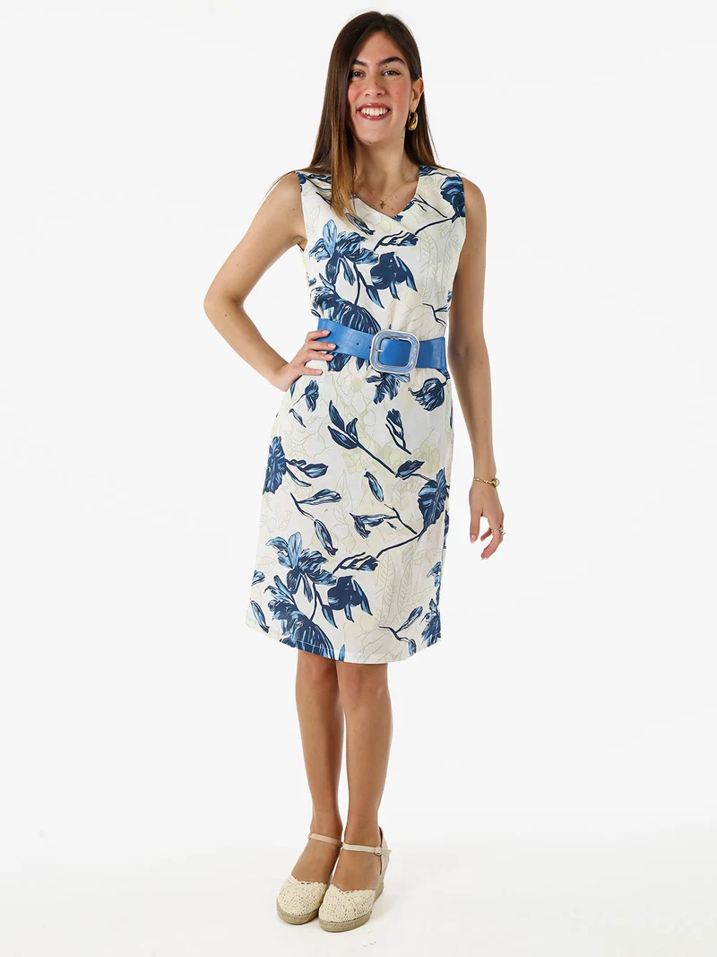 Vestito donna a tubino senza maniche con stampa floreale - blu