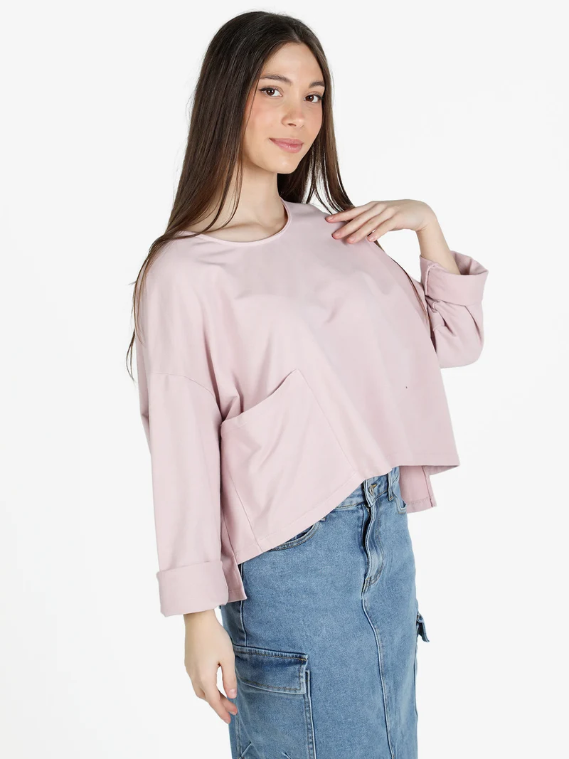 T-shirt cropped da donna con tasca - rosa