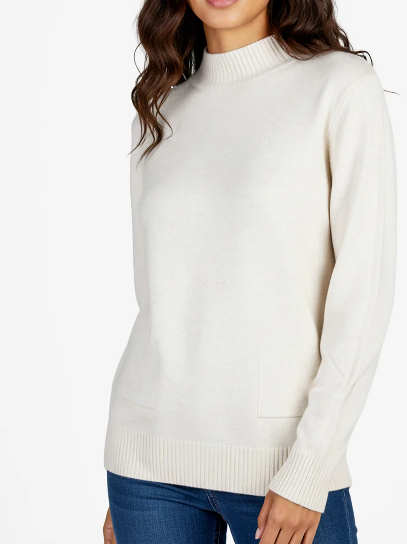 Pullover donna accollato in maglia tinta unita - beige