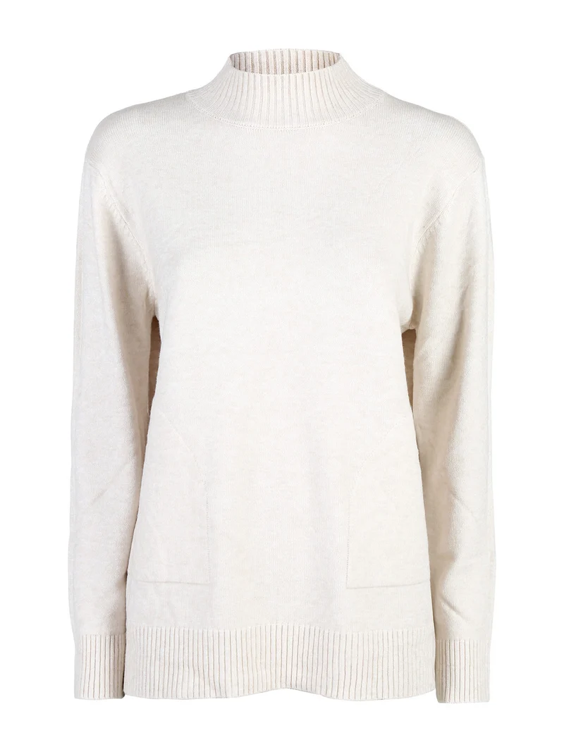 Pullover donna accollato in maglia tinta unita - beige