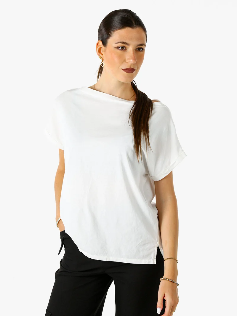T-shirt donna in cotone con scollo a barca - bianco