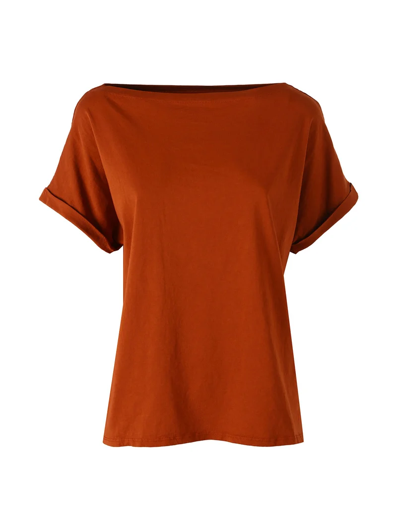 T-shirt donna in cotone con scollo a barca - cuoio
