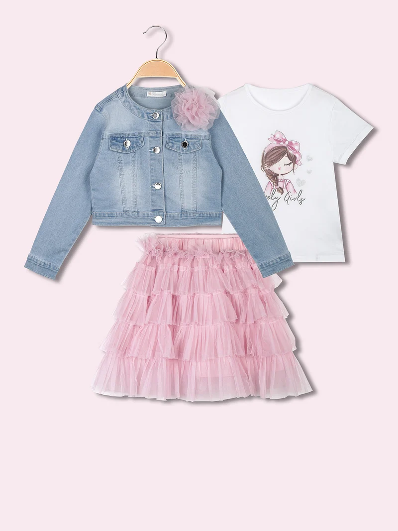 Completo da bambina 3 pezzi con gonna a balze e giacca in jeans