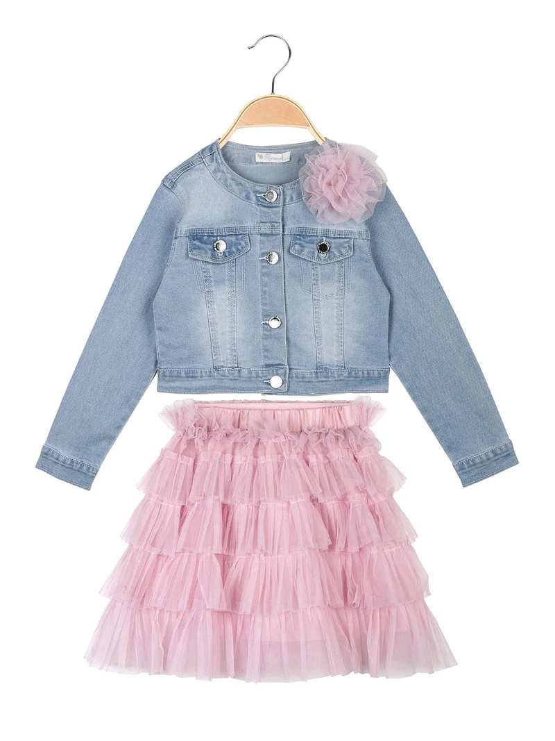 Completo da bambina 3 pezzi con gonna a balze e giacca in jeans